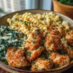 Garlic Parmesan Chicken Bites with Hot Cajun Alfredo & Crispy Spinach Twists 1
