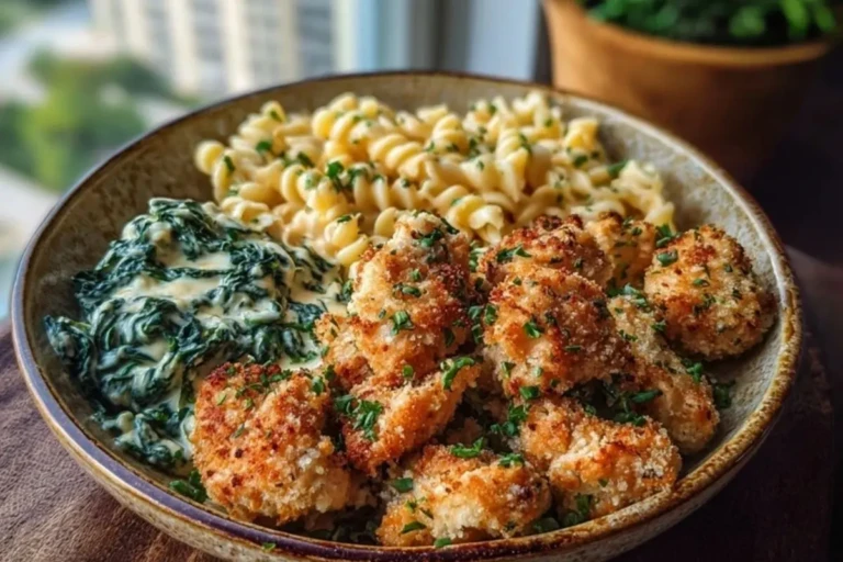 Garlic Parmesan Chicken Bites with Hot Cajun Alfredo & Crispy Spinach Twists 1