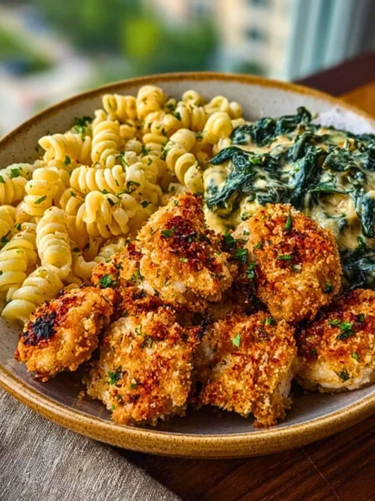 Garlic Parmesan Chicken Bites with Hot Cajun Alfredo & Crispy Spinach Twists 2