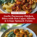 Garlic Parmesan Chicken Bites with Hot Cajun Alfredo & Crispy Spinach Twists Pin