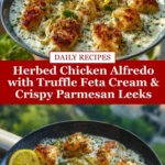 Herbed Chicken Alfredo with Truffle Feta Cream & Crispy Parmesan Leeks Pin