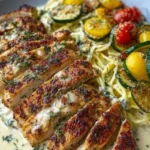 Lemon Dill Chicken Alfredo with Roasted Red Pepper Whipped Feta & Crispy Parmesan Zucchini 1