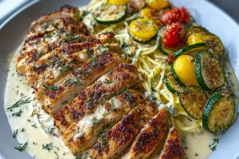 Lemon Dill Chicken Alfredo with Roasted Red Pepper Whipped Feta & Crispy Parmesan Zucchini 1