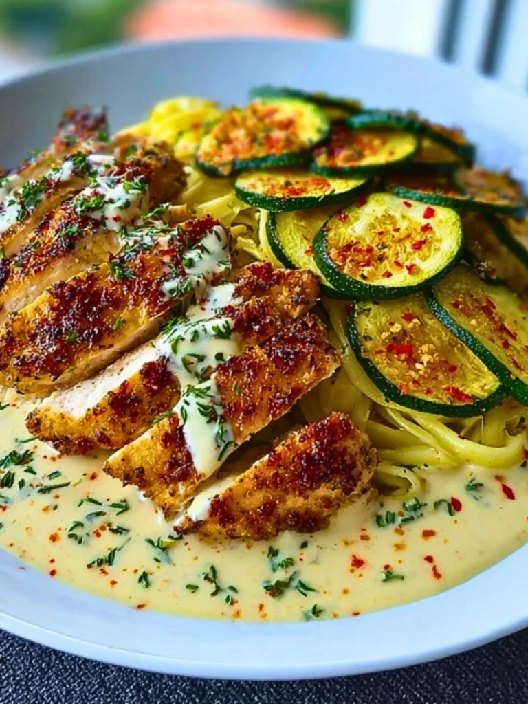 Lemon Dill Chicken Alfredo with Roasted Red Pepper Whipped Feta & Crispy Parmesan Zucchini 2
