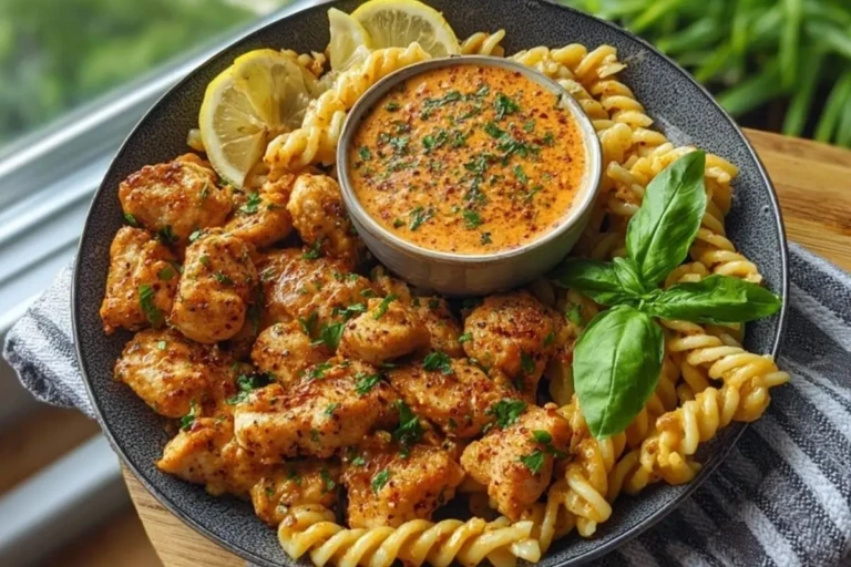 Lemon Pepper Chicken Bites & Roasted Red Pepper Cajun Alfredo Twists 1