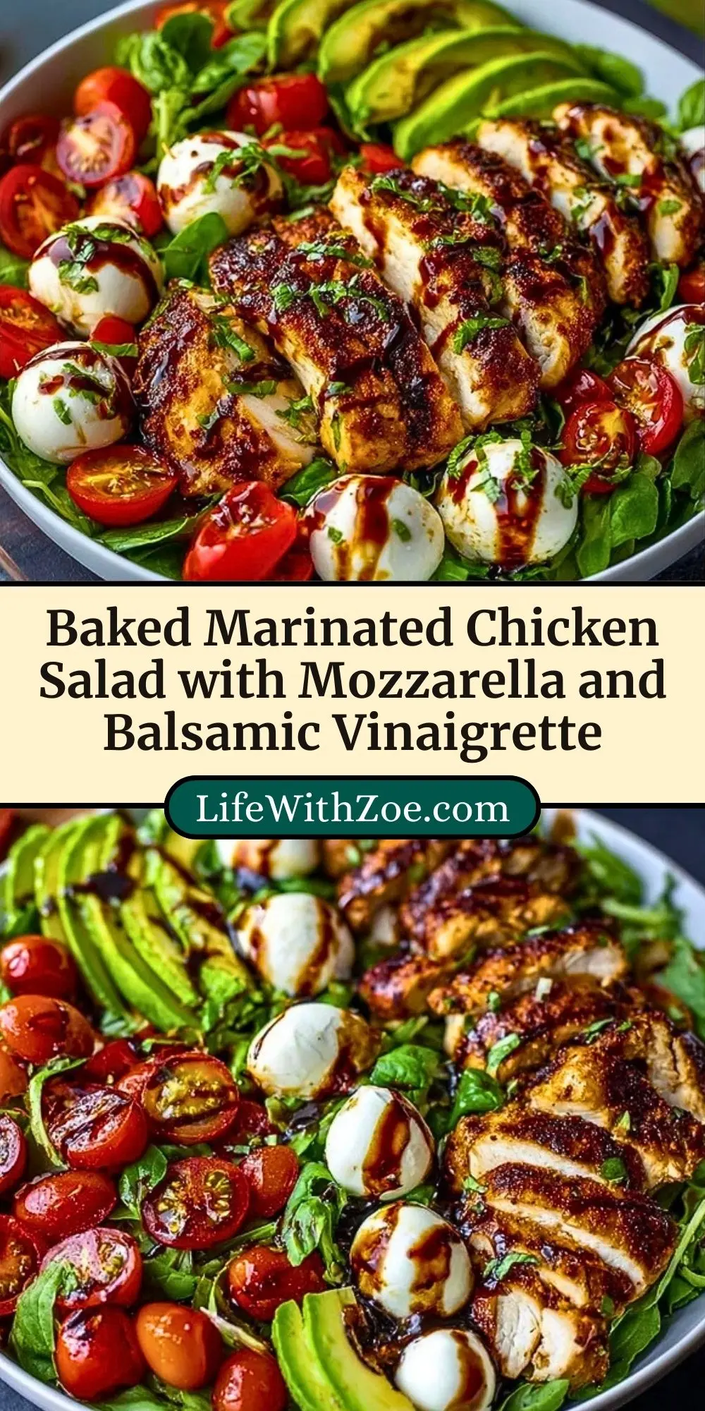 Baked Marinated Chicken Salad with Mozzarella and Balsamic Vinaigrette Pin 2