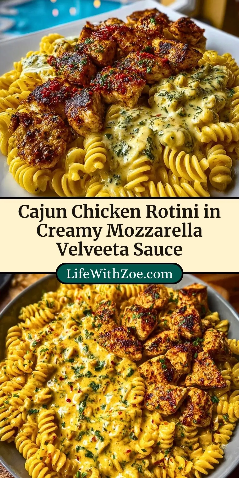 Cajun Chicken Rotini in Creamy Mozzarella Velveeta Sauce Pin 2