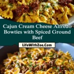 Cajun Cream Cheese Alfredo Bowties with Spiced Ground Beef Pin 1