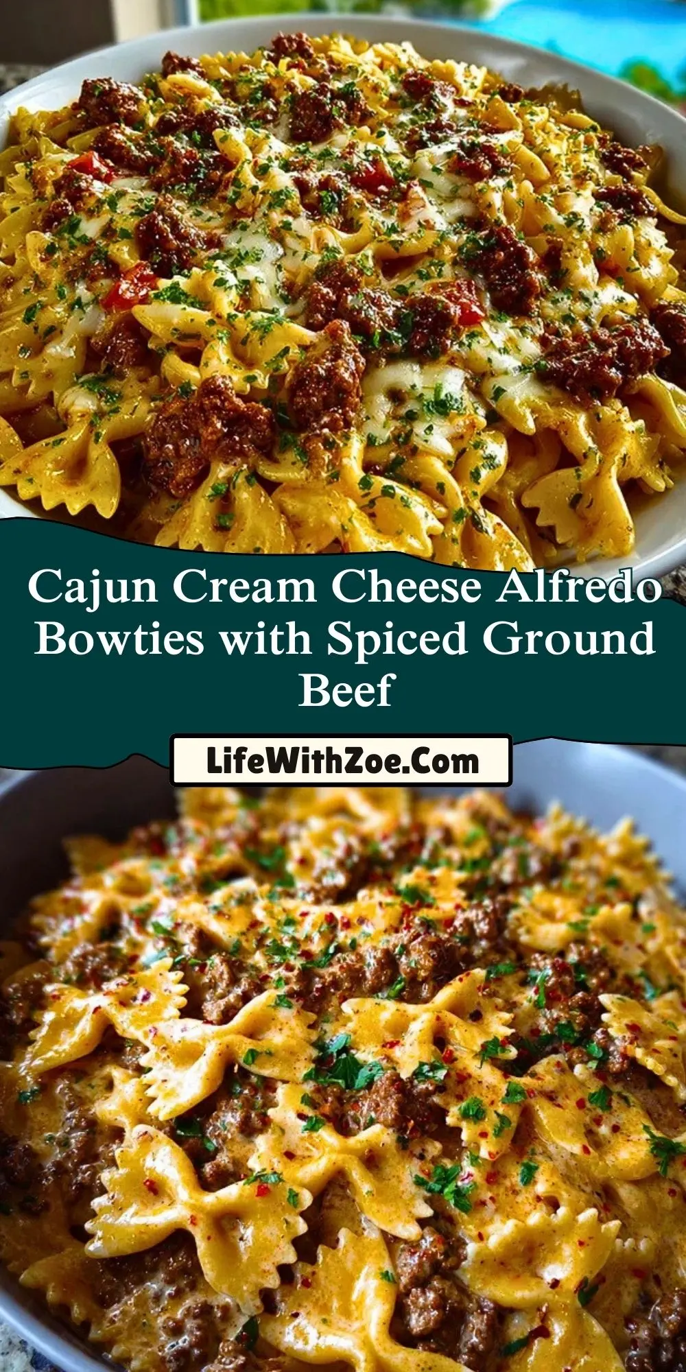 Cajun Cream Cheese Alfredo Bowties with Spiced Ground Beef Pin 1