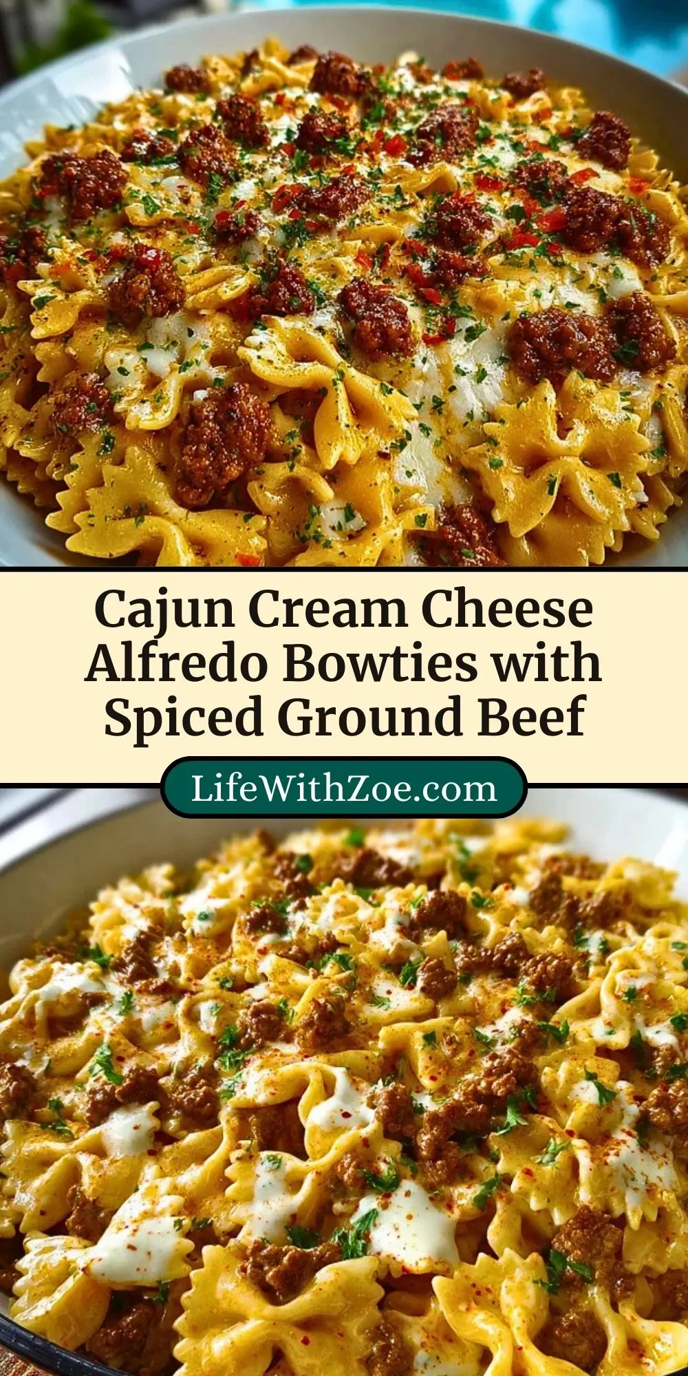 Cajun Cream Cheese Alfredo Bowties with Spiced Ground Beef Pin 2