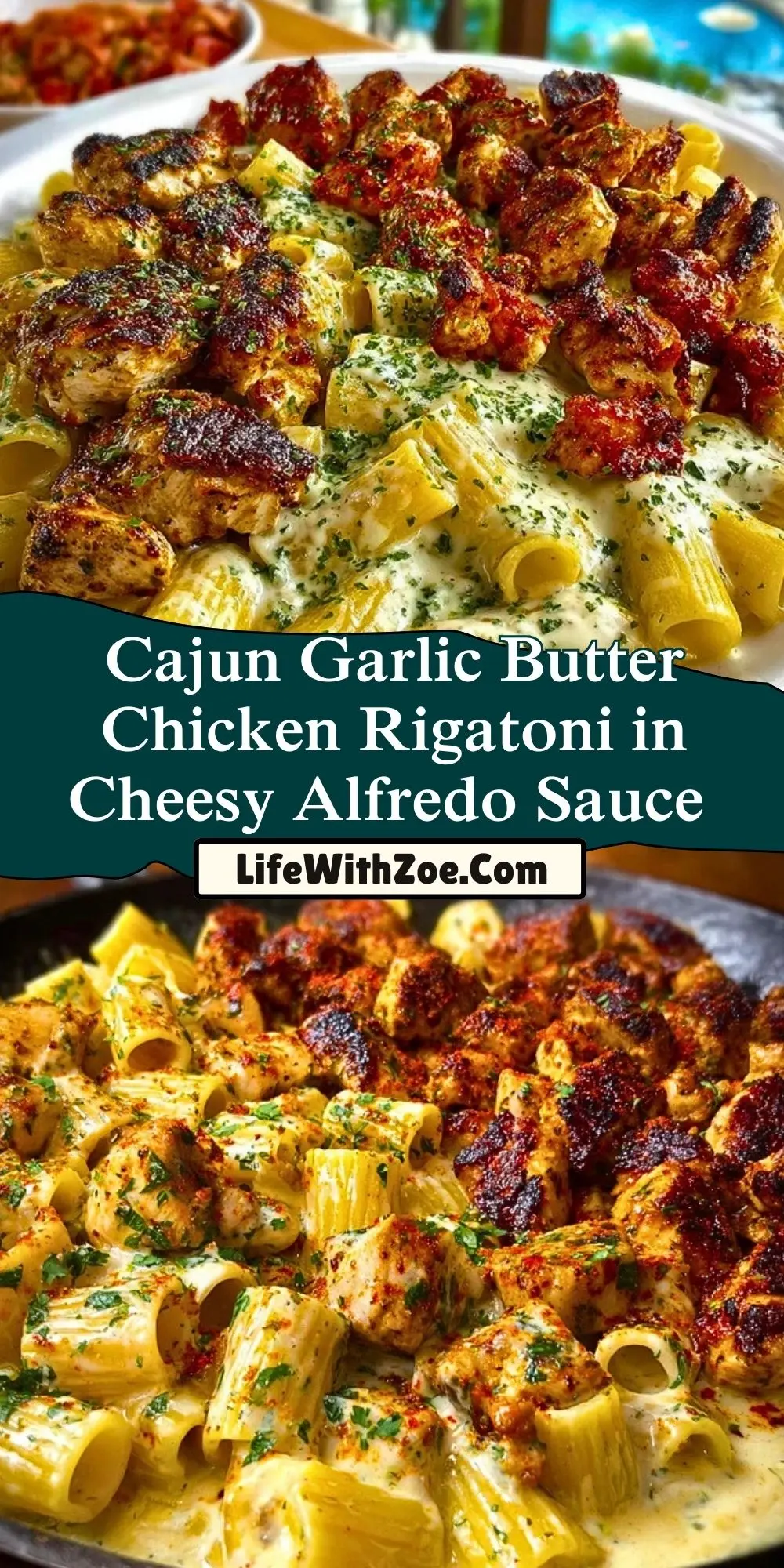 Cajun Garlic Butter Chicken Rigatoni in Cheesy Alfredo Sauce Pin 1