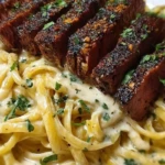 Cajun Garlic Butter Steak over Creamy Parmesan Linguine 1