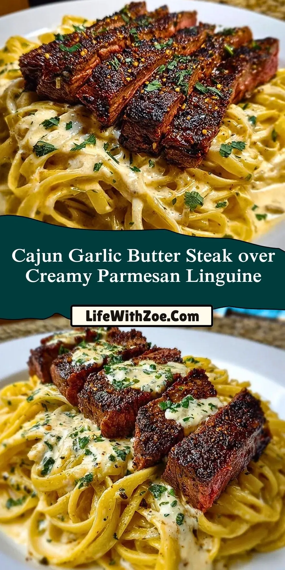 Cajun Garlic Butter Steak over Creamy Parmesan Linguine Pin 1