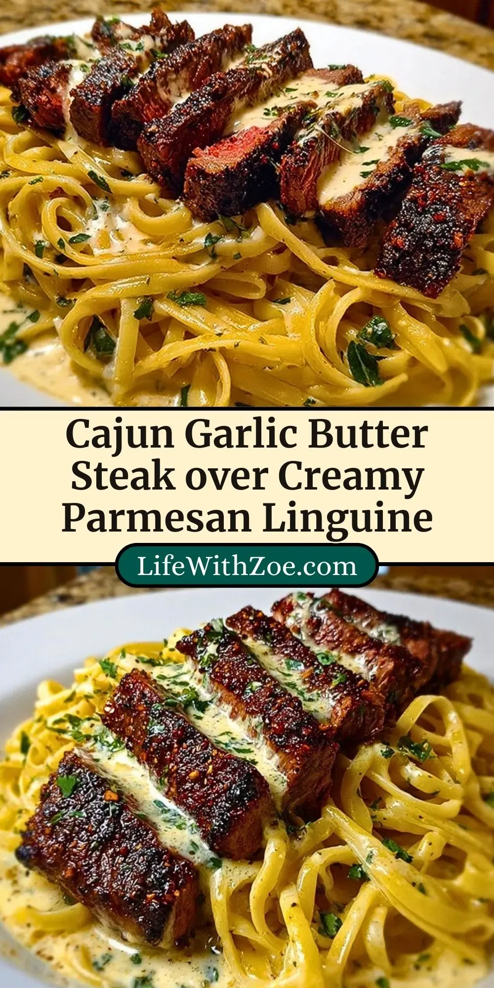 Cajun Garlic Butter Steak over Creamy Parmesan Linguine Pin 2