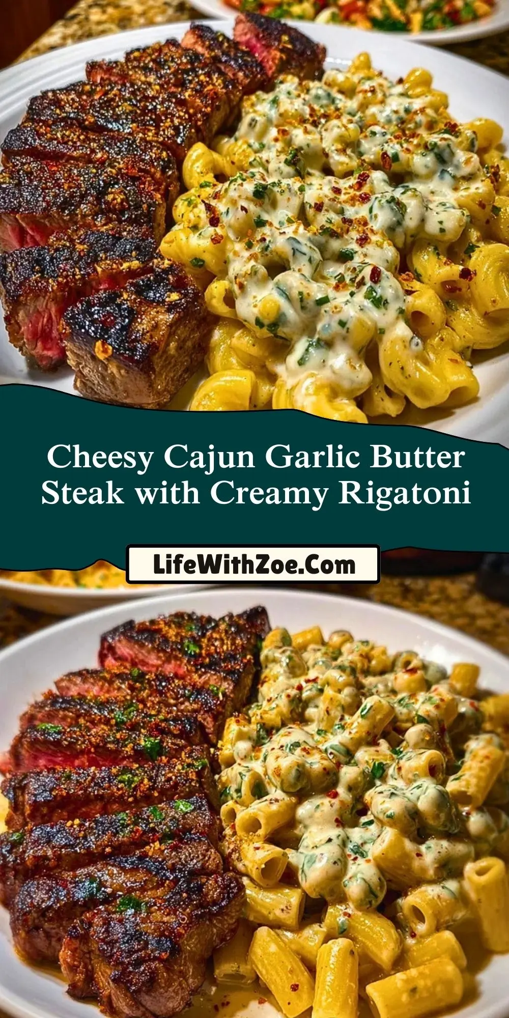 Cheesy Cajun Garlic Butter Steak with Creamy Rigatoni Pin 1