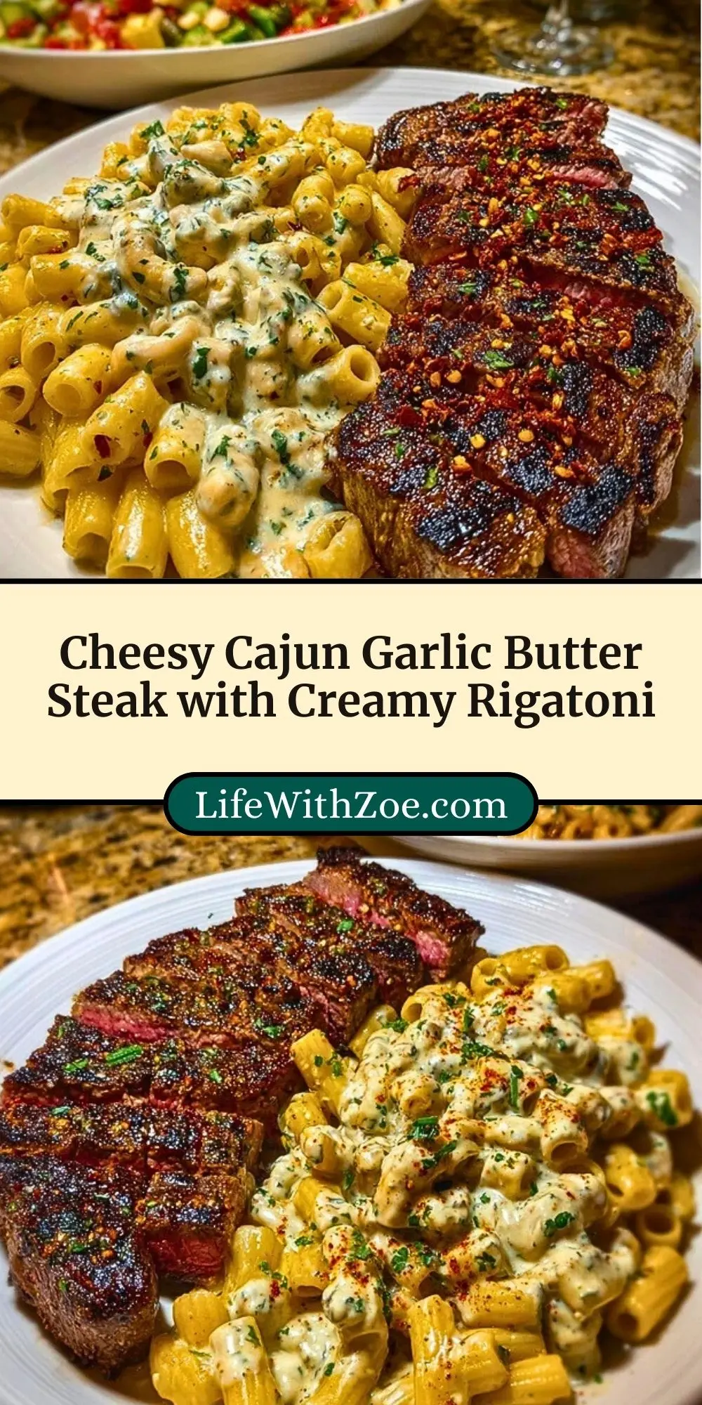 Cheesy Cajun Garlic Butter Steak with Creamy Rigatoni Pin 2