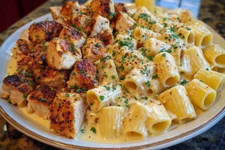 Cheesy Garlic Butter Chicken Bites with Rigatoni in Alfredo Sauce 1