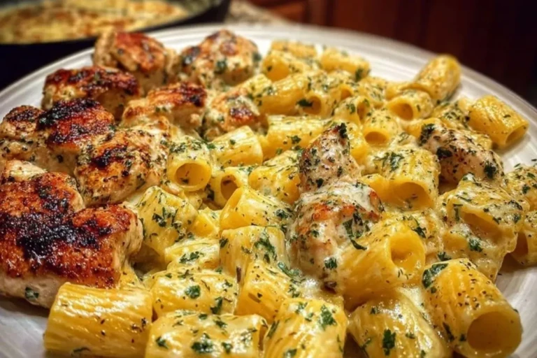 Cheesy Garlic Butter Chicken Rigatoni in Creamy Alfredo Sauce
