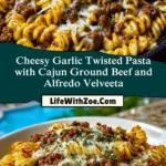 Cheesy Garlic Twisted Pasta with Cajun Ground Beef and Alfredo Velveeta Pin 1