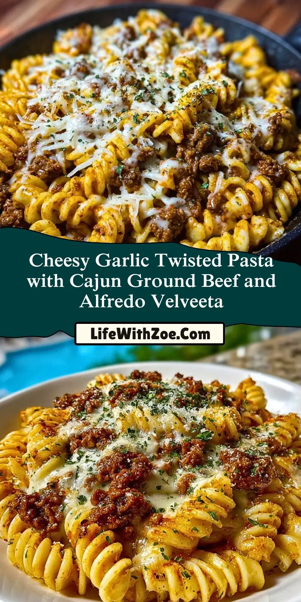 Cheesy Garlic Twisted Pasta with Cajun Ground Beef and Alfredo Velveeta Pin 1