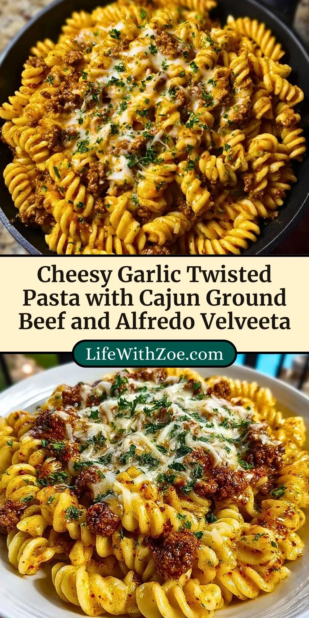Cheesy Garlic Twisted Pasta with Cajun Ground Beef and Alfredo Velveeta Pin 2