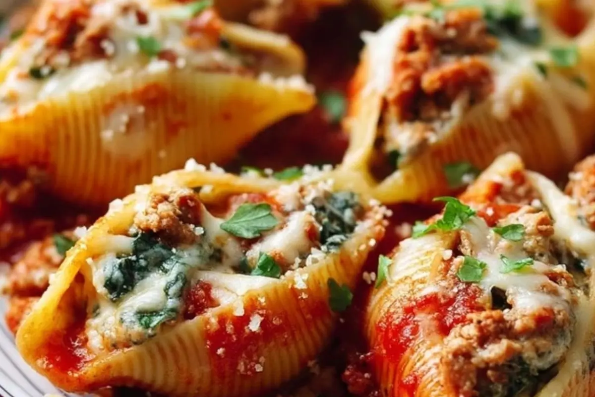 Cheesy Ground Turkey & Spinach Stuffed Shells