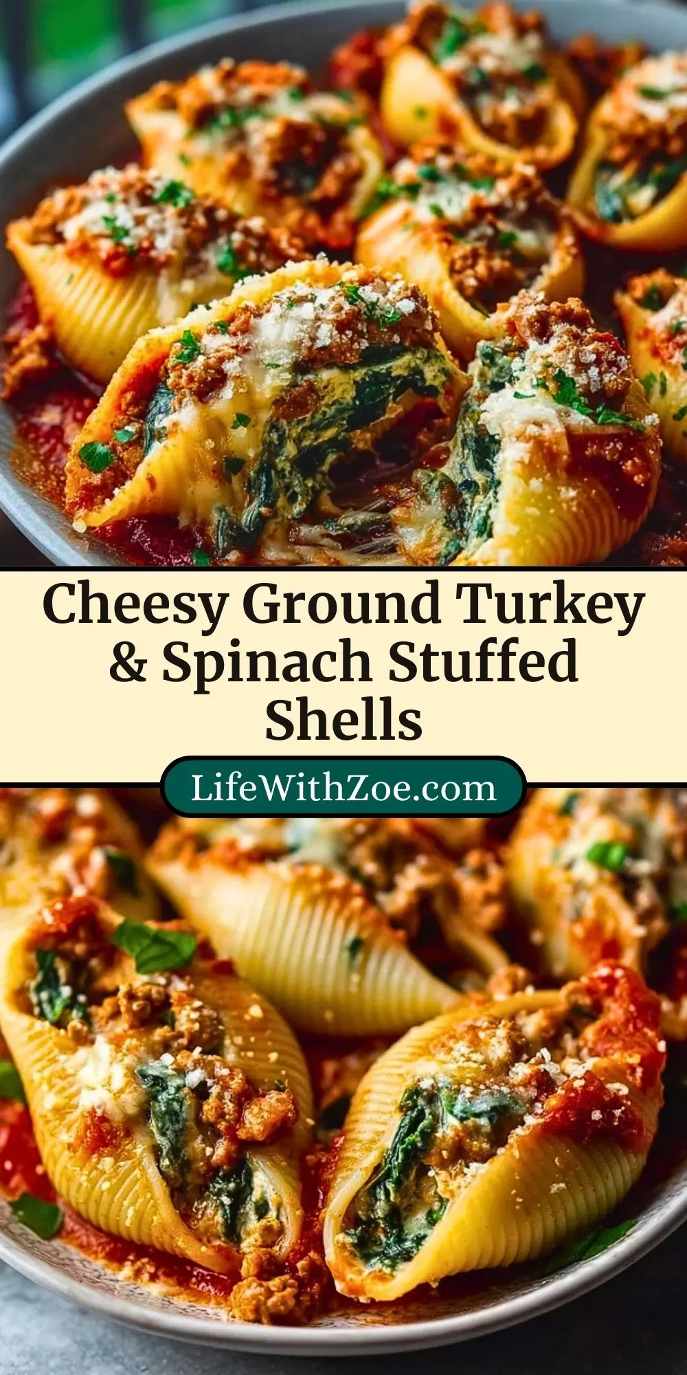 Cheesy Ground Turkey & Spinach Stuffed Shells Pin 2