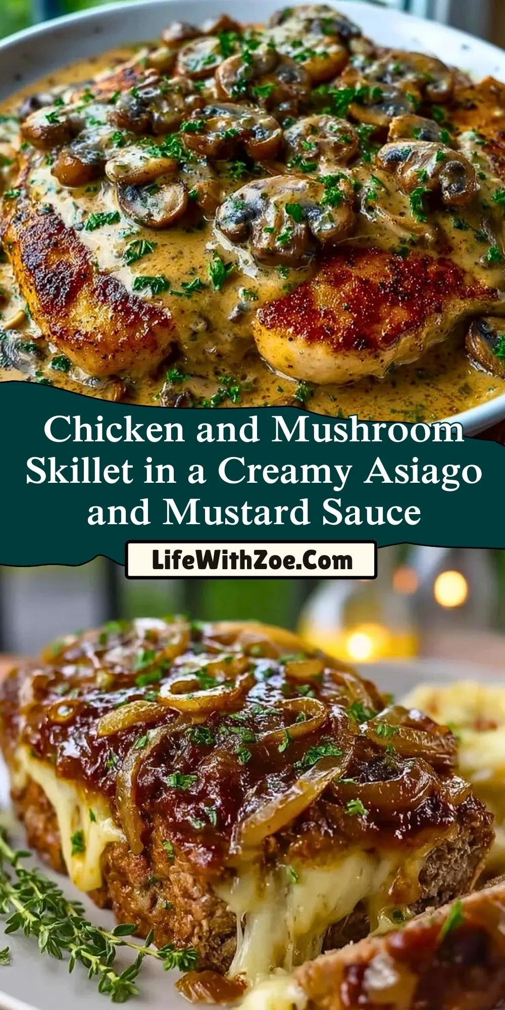 Chicken and Mushroom Skillet in a Creamy Asiago and Mustard Sauce Pin 1