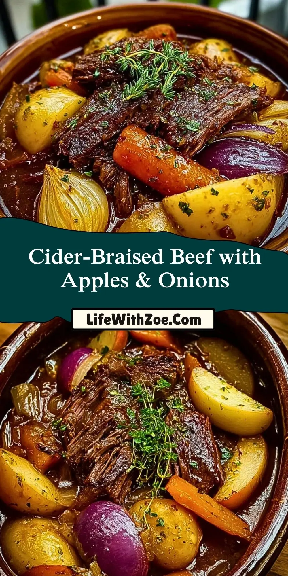 Cider-Braised Beef with Apples & Onions Pin 1