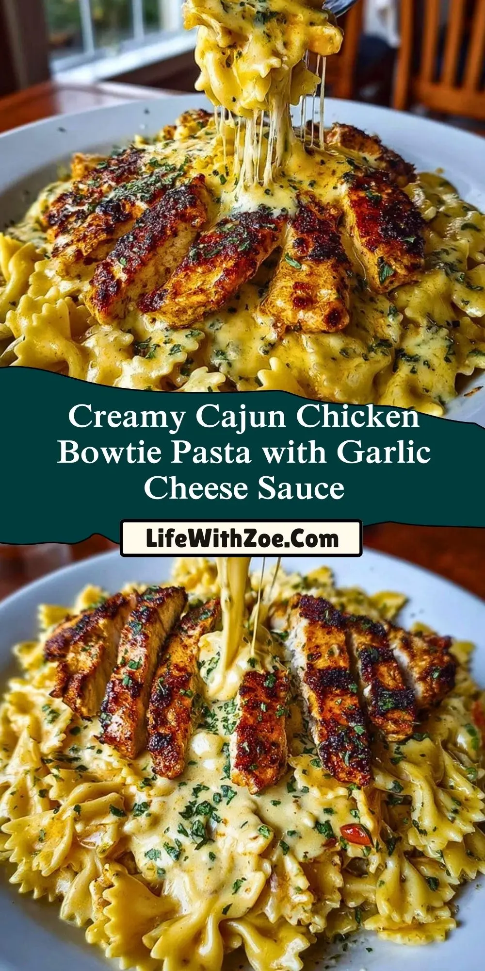 Creamy Cajun Chicken Bowtie Pasta with Garlic Cheese Sauce Pin 1
