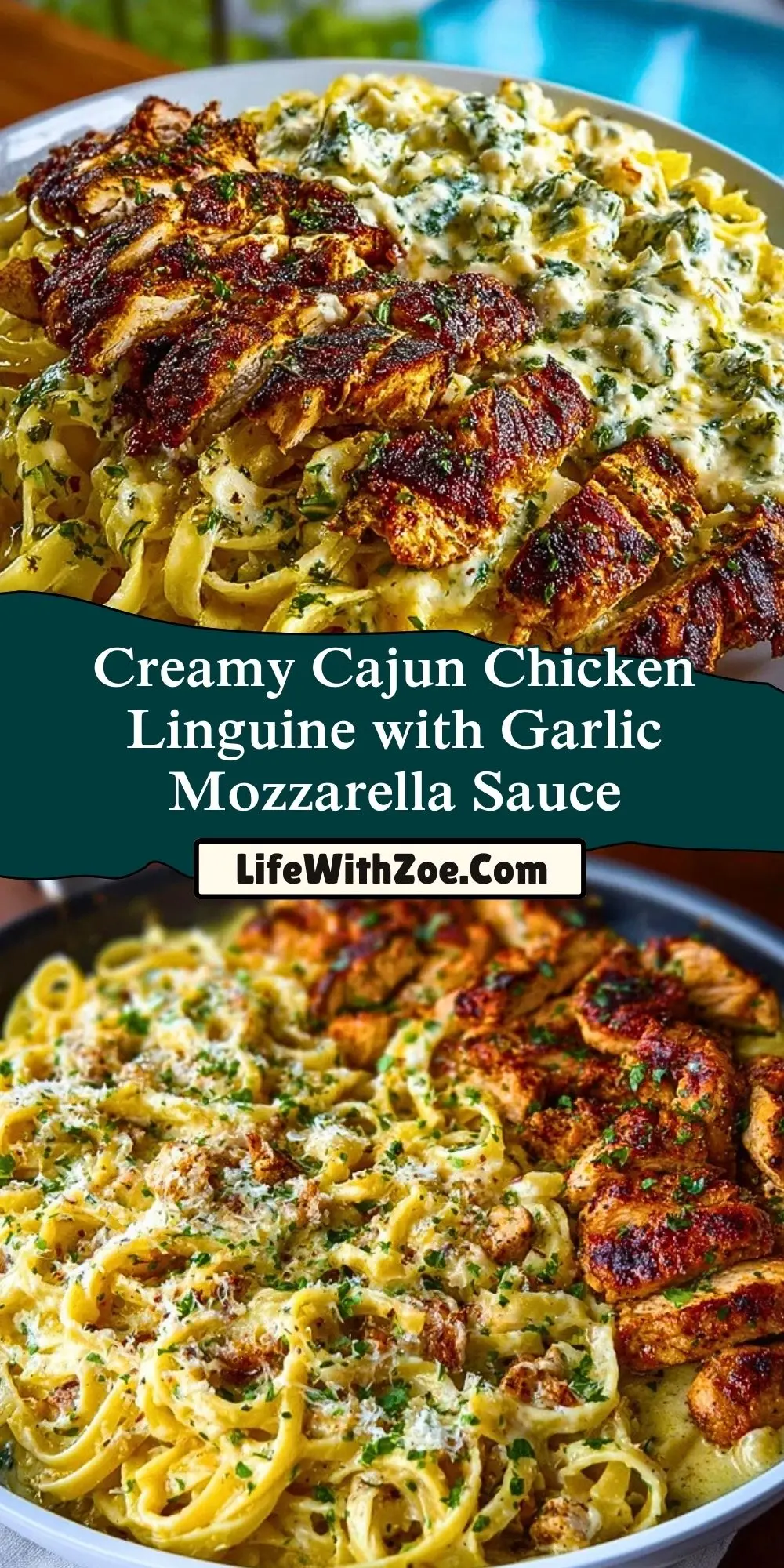 Creamy Cajun Chicken Linguine with Garlic Mozzarella Sauce Pin 1