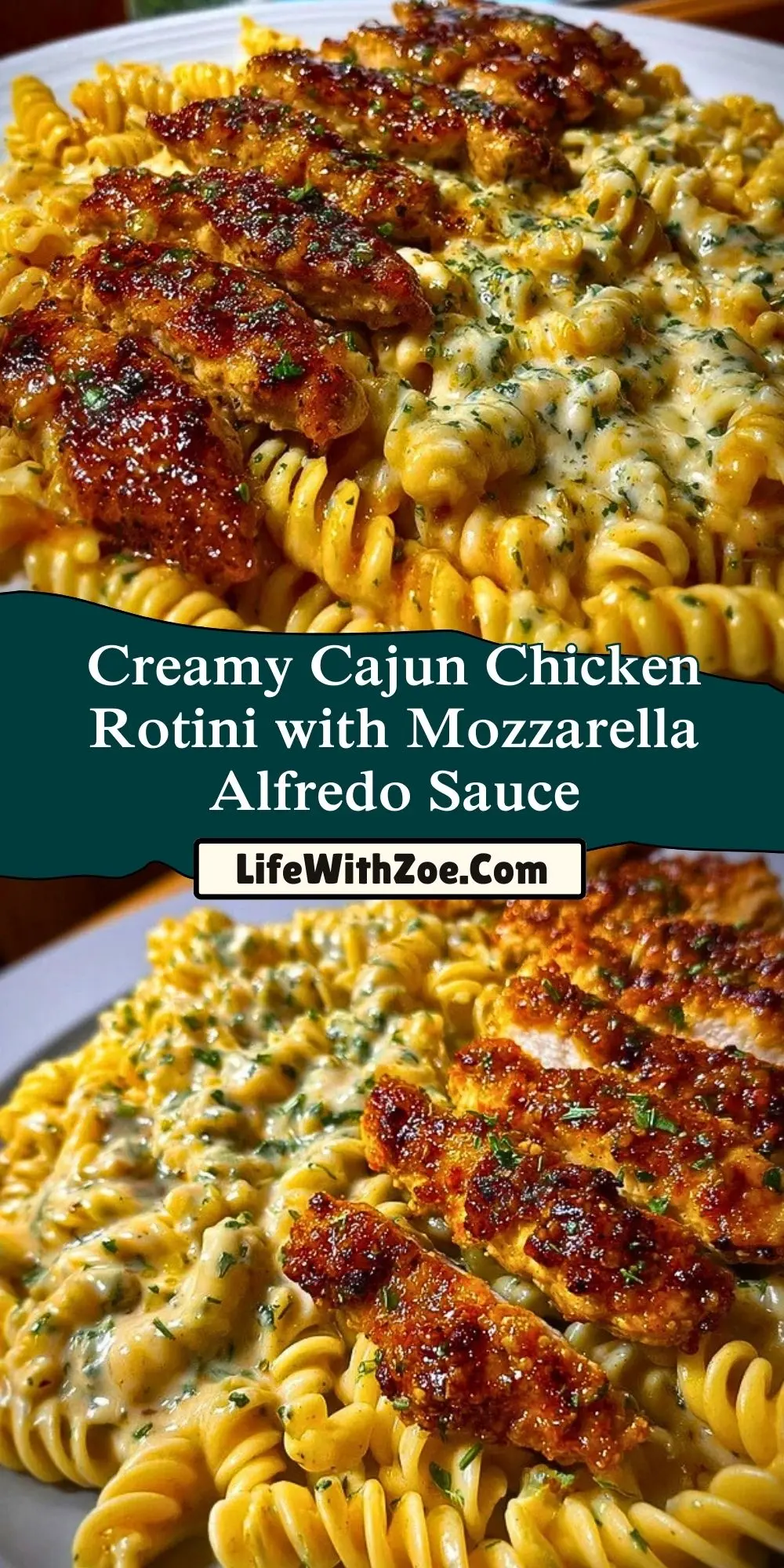 Creamy Cajun Chicken Rotini with Mozzarella Alfredo Sauce Pin 1