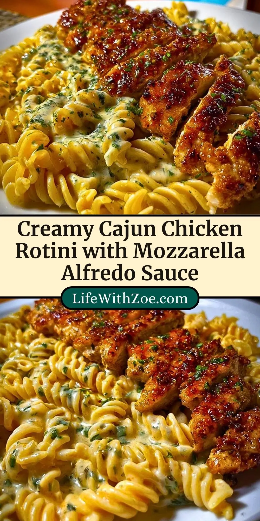 Creamy Cajun Chicken Rotini with Mozzarella Alfredo Sauce Pin 2