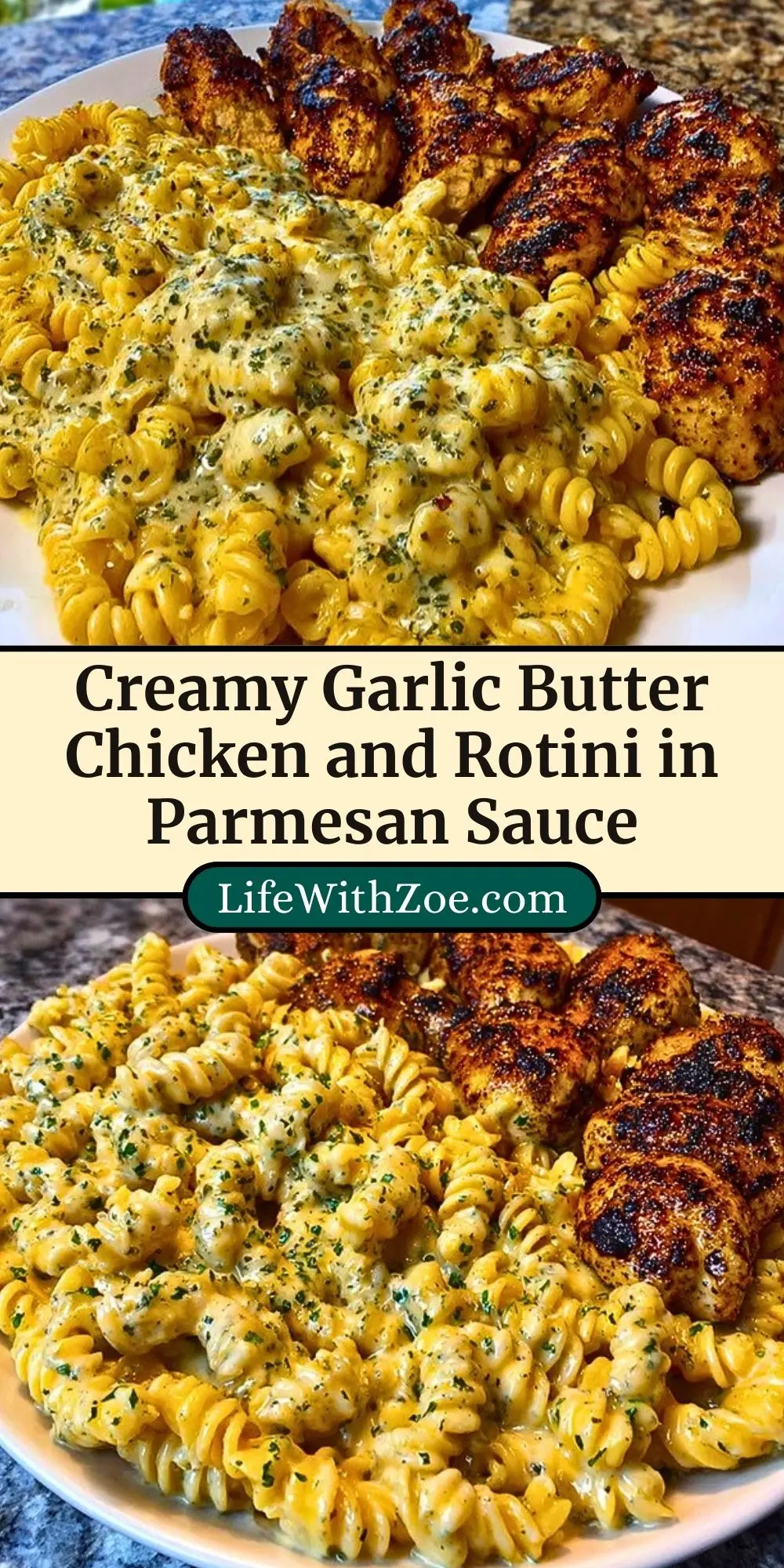 Creamy Garlic Butter Chicken and Rotini in Parmesan Sauce Pin 2