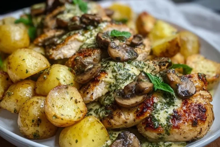 Creamy Garlic Mushroom Alfredo Chicken & Potatoes with Basil Pesto 1