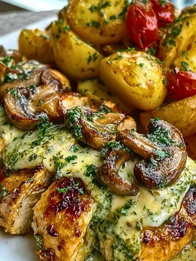Creamy Garlic Mushroom Alfredo Chicken & Potatoes with Basil Pesto 2