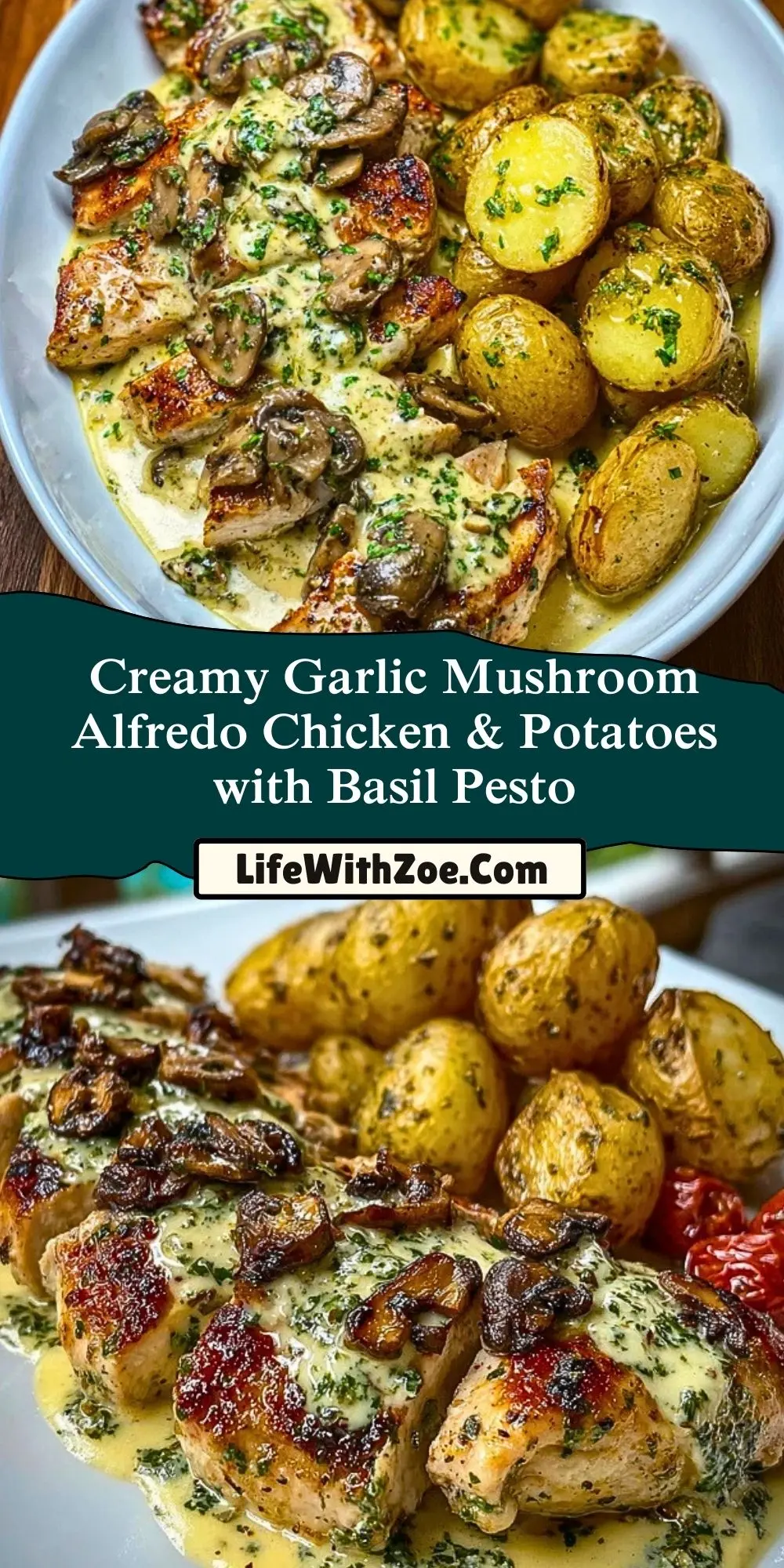 Creamy Garlic Mushroom Alfredo Chicken & Potatoes with Basil Pesto Pin 1