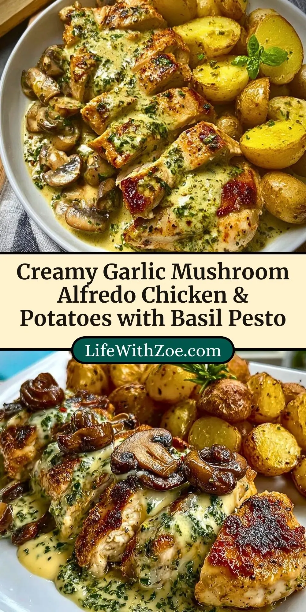 Creamy Garlic Mushroom Alfredo Chicken & Potatoes with Basil Pesto Pin 2