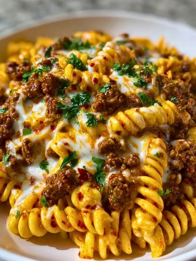 Creamy Mozzarella Rotini with Spicy Cajun Beef and Velveeta Sauce (1)