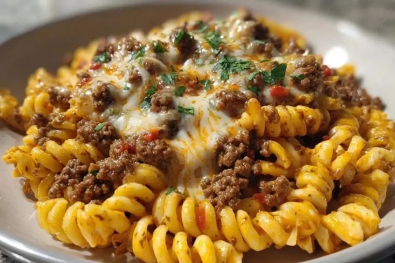 Creamy Mozzarella Rotini with Spicy Cajun Beef and Velveeta Sauce