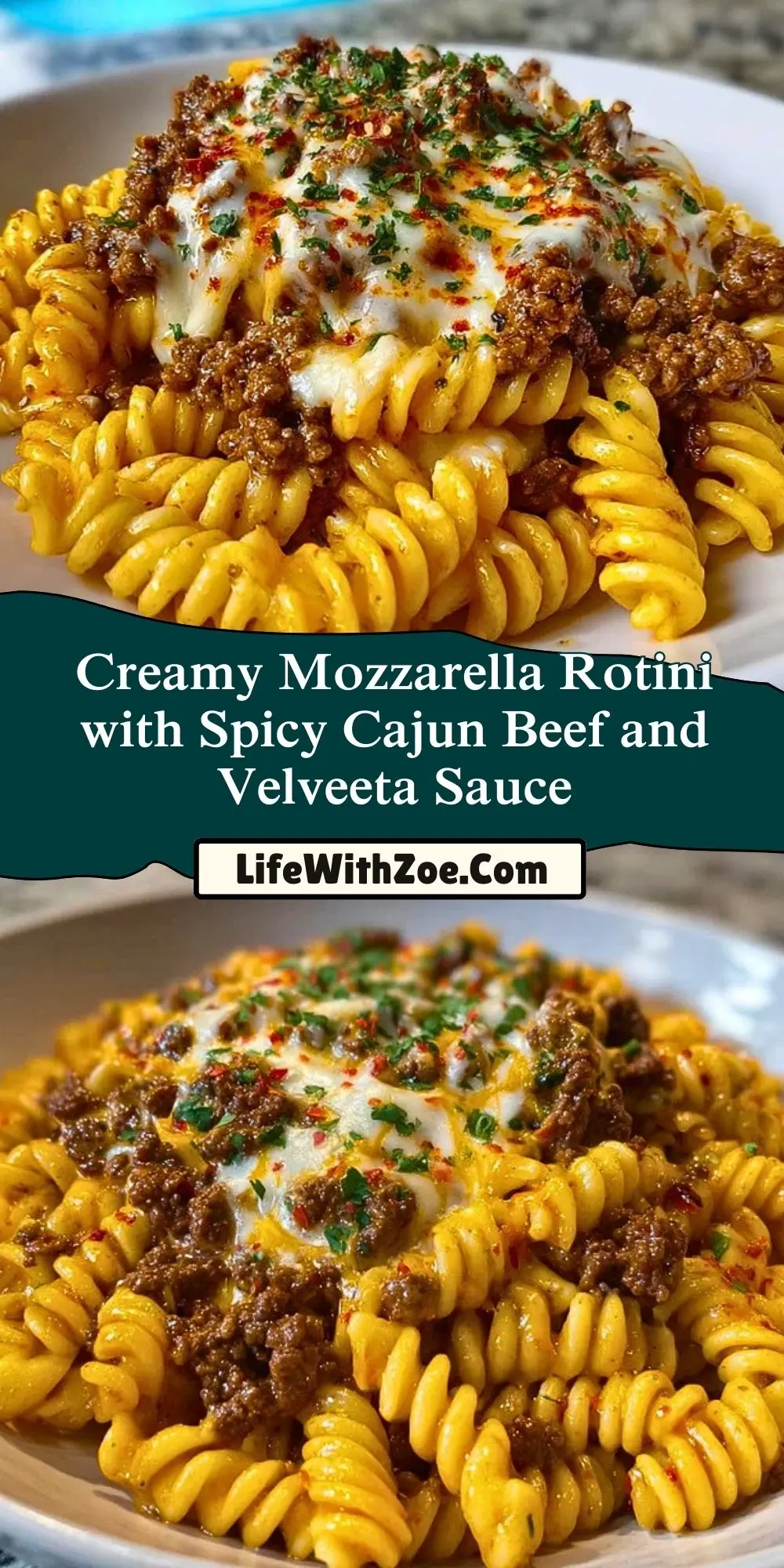Creamy Mozzarella Rotini with Spicy Cajun Beef and Velveeta Sauce Pin 1