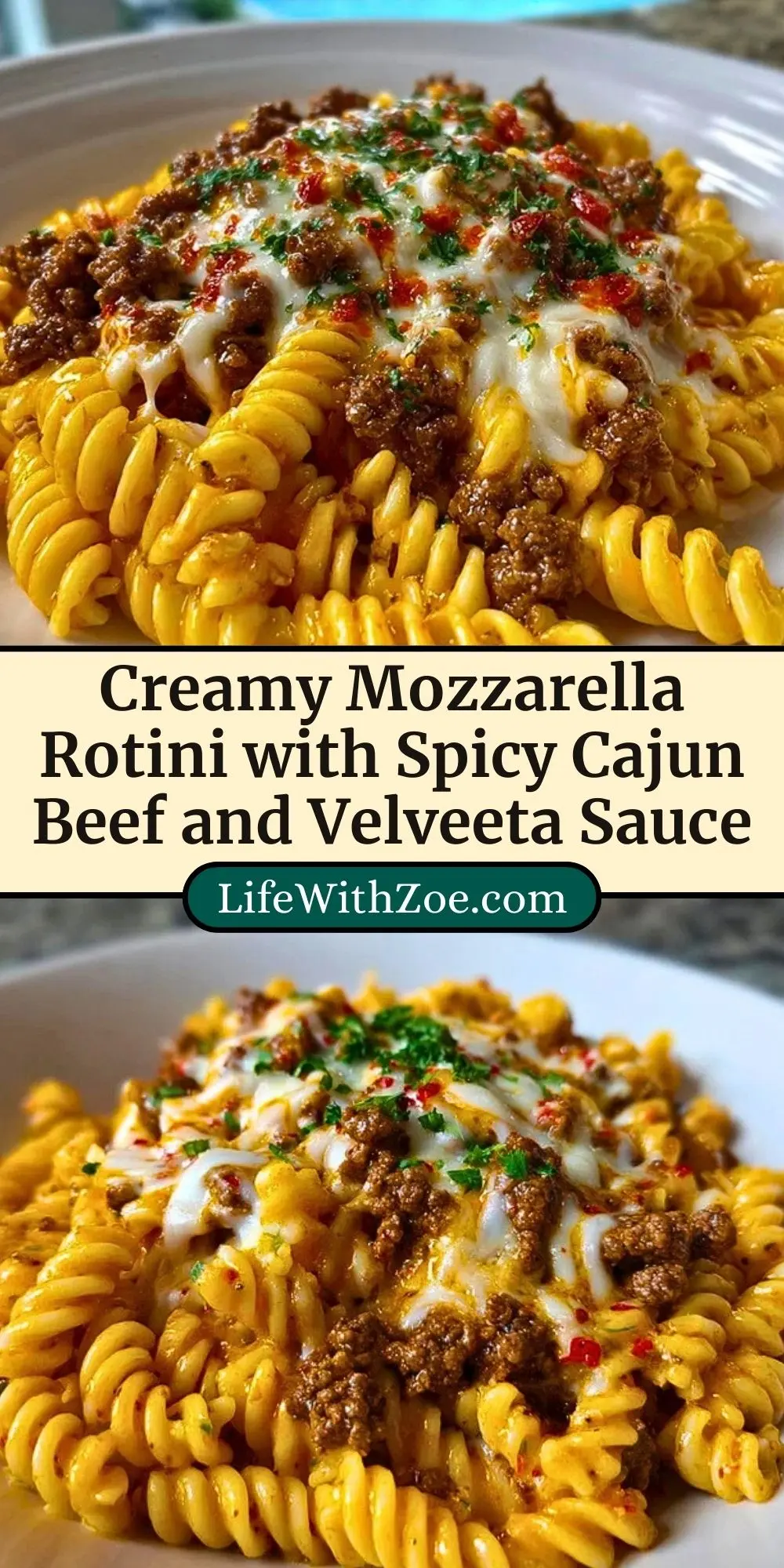 Creamy Mozzarella Rotini with Spicy Cajun Beef and Velveeta Sauce Pin 2