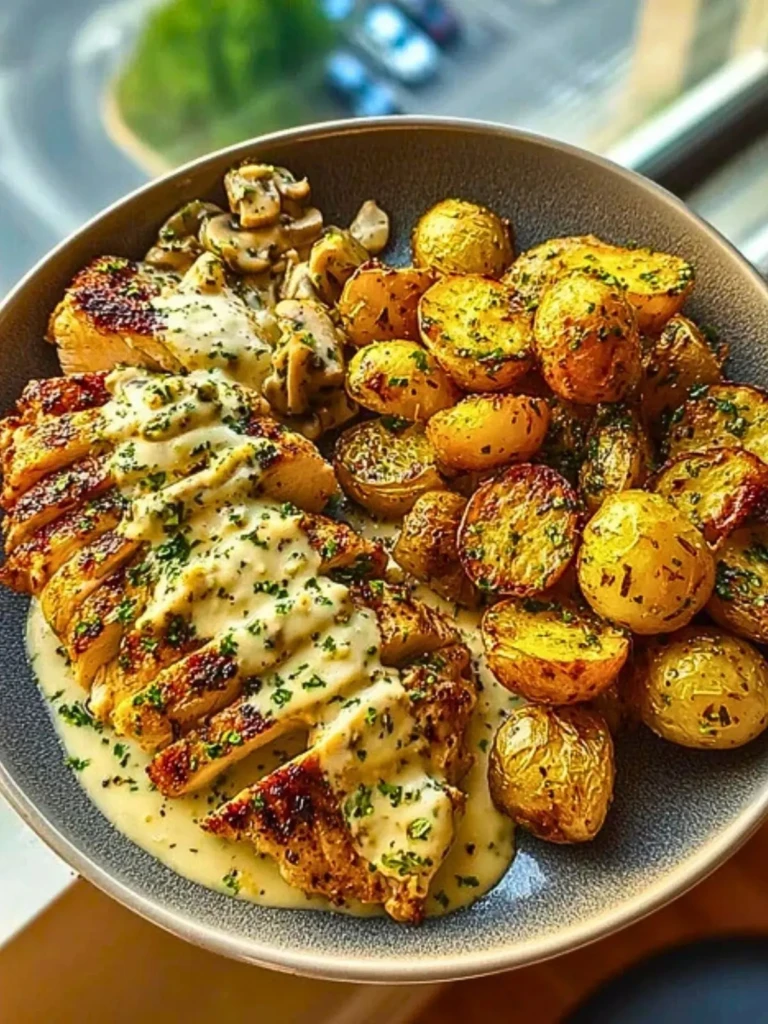 Creamy Mushroom Garlic Chicken Alfredo & Hot Honey Roasted Potatoes (2)
