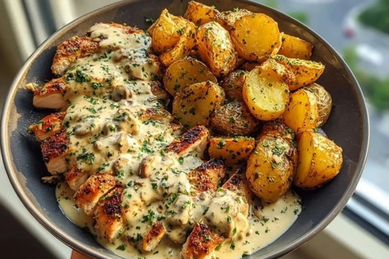Creamy Mushroom Garlic Chicken Alfredo & Hot Honey Roasted Potatoes