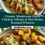 Creamy Mushroom Garlic Chicken Alfredo & Hot Honey Roasted Potatoes Pin 1