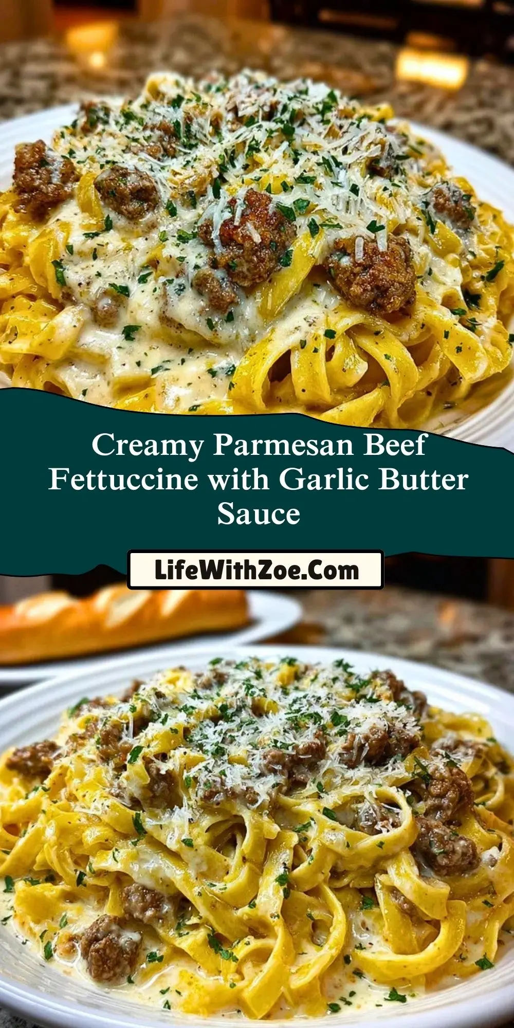 Creamy Parmesan Beef Fettuccine with Garlic Butter Sauce Pin 1