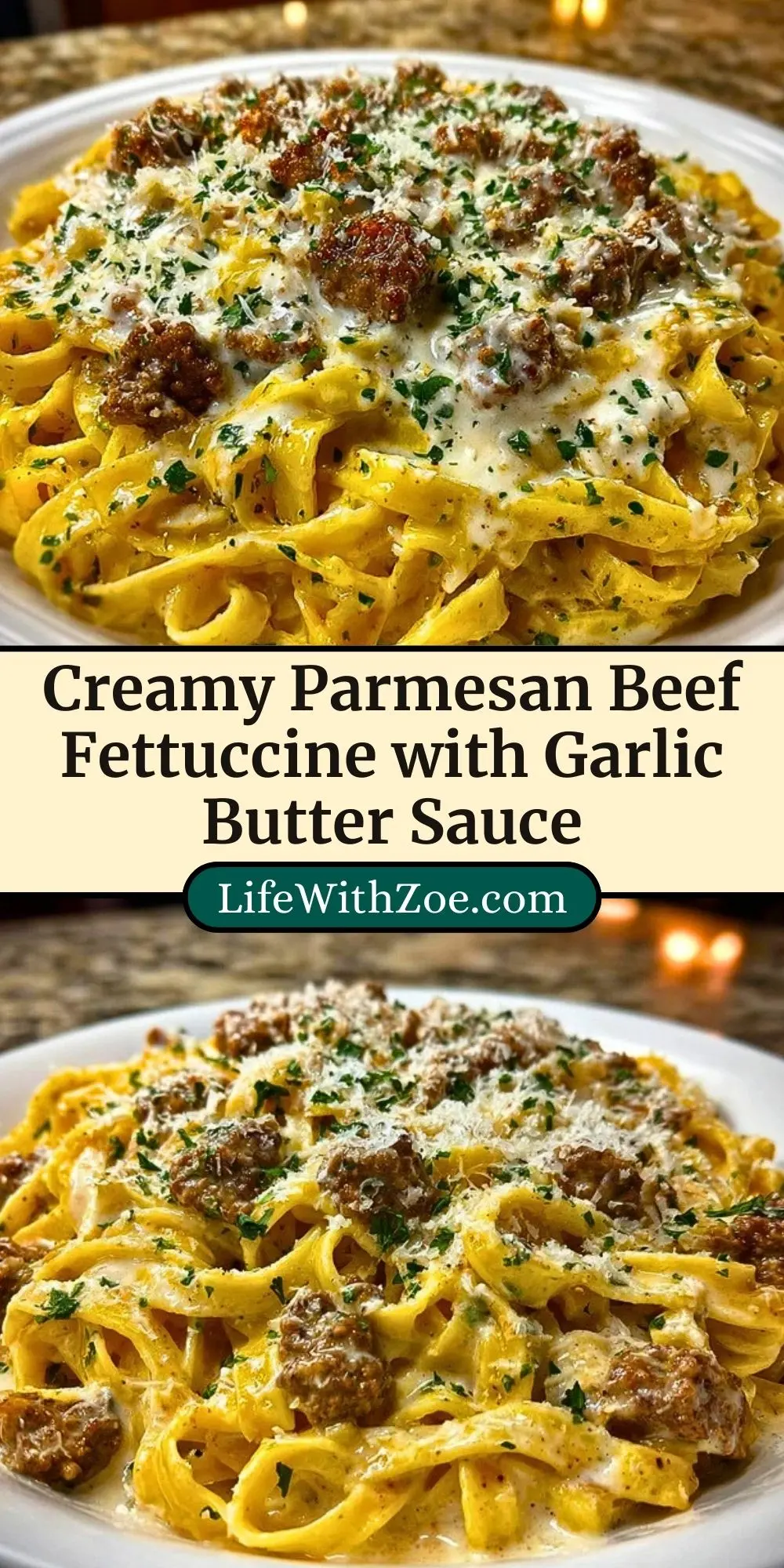 Creamy Parmesan Beef Fettuccine with Garlic Butter Sauce Pin 2