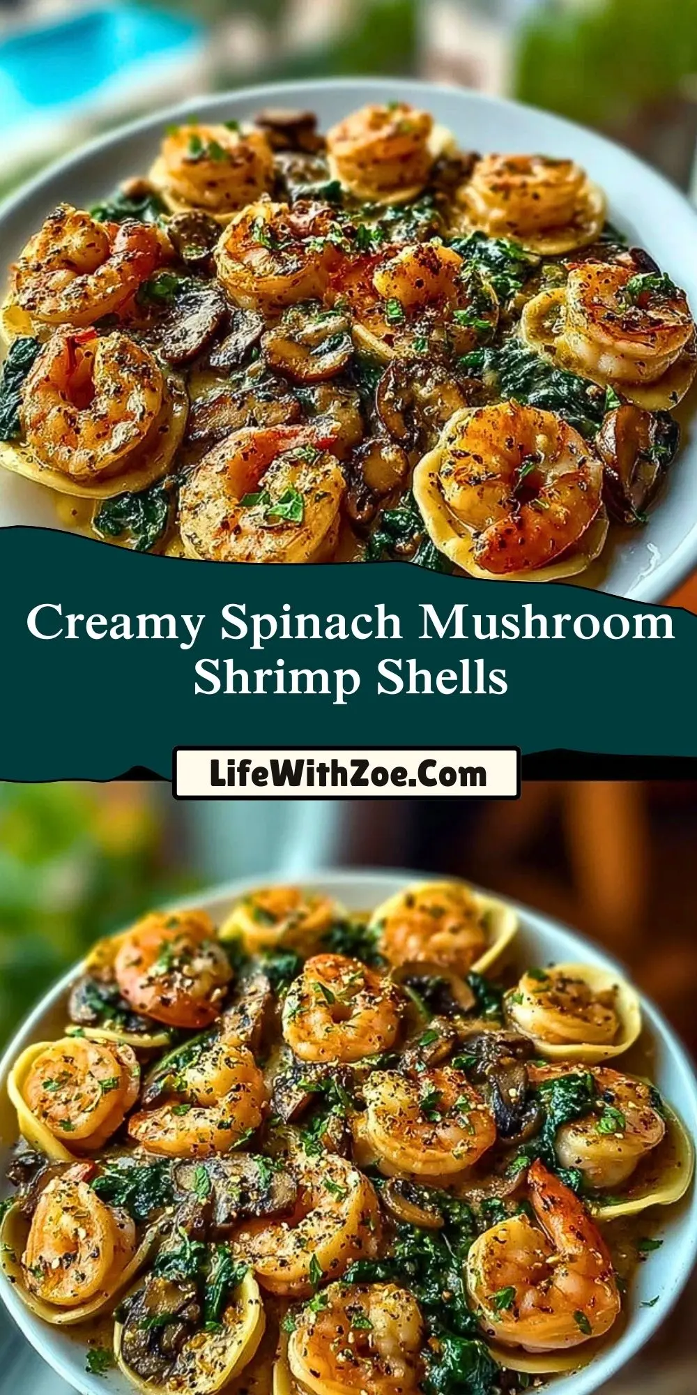 Creamy Spinach Mushroom Shrimp Shells Pin 1