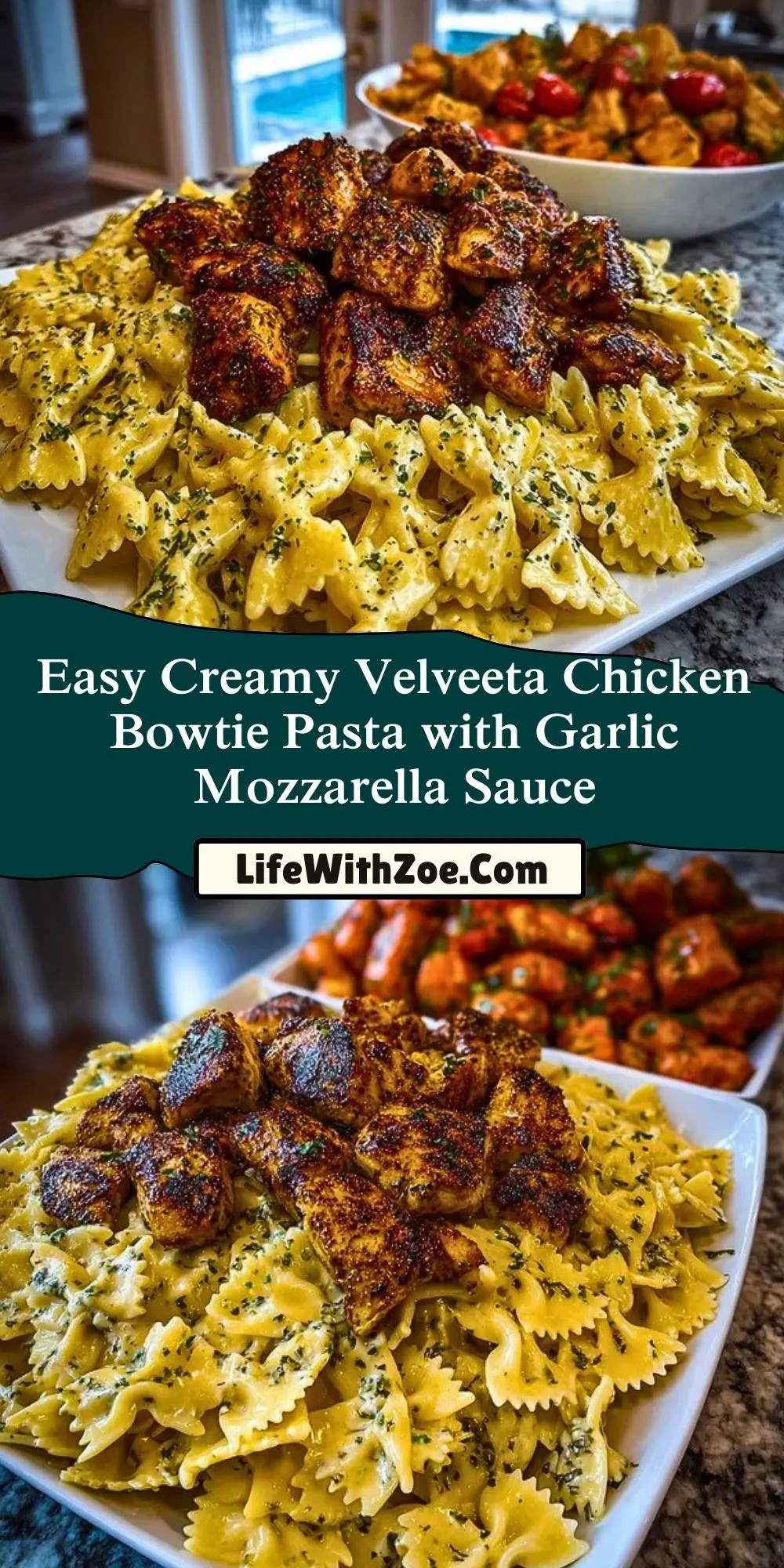 Easy Creamy Velveeta Chicken Bowtie Pasta with Garlic Mozzarella Sauce Pin 1