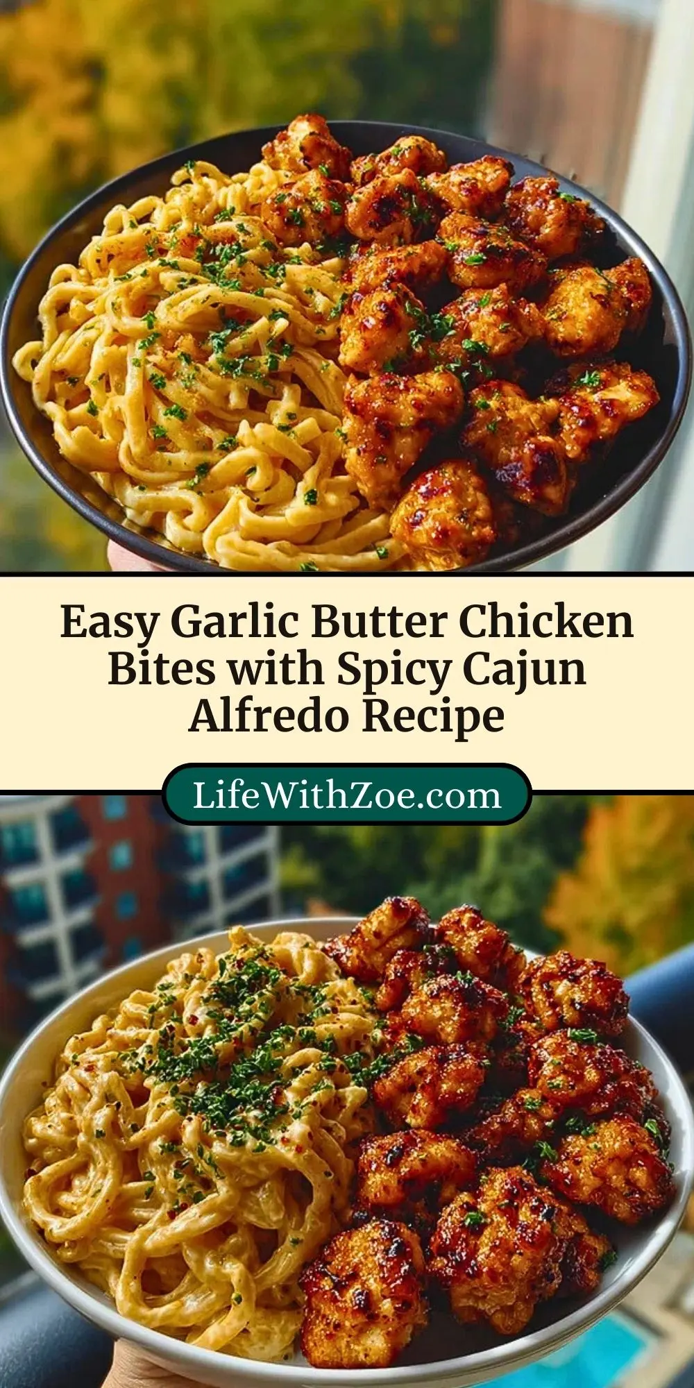 Easy Garlic Butter Chicken Bites with Spicy Cajun Alfredo Recipe Pin 2